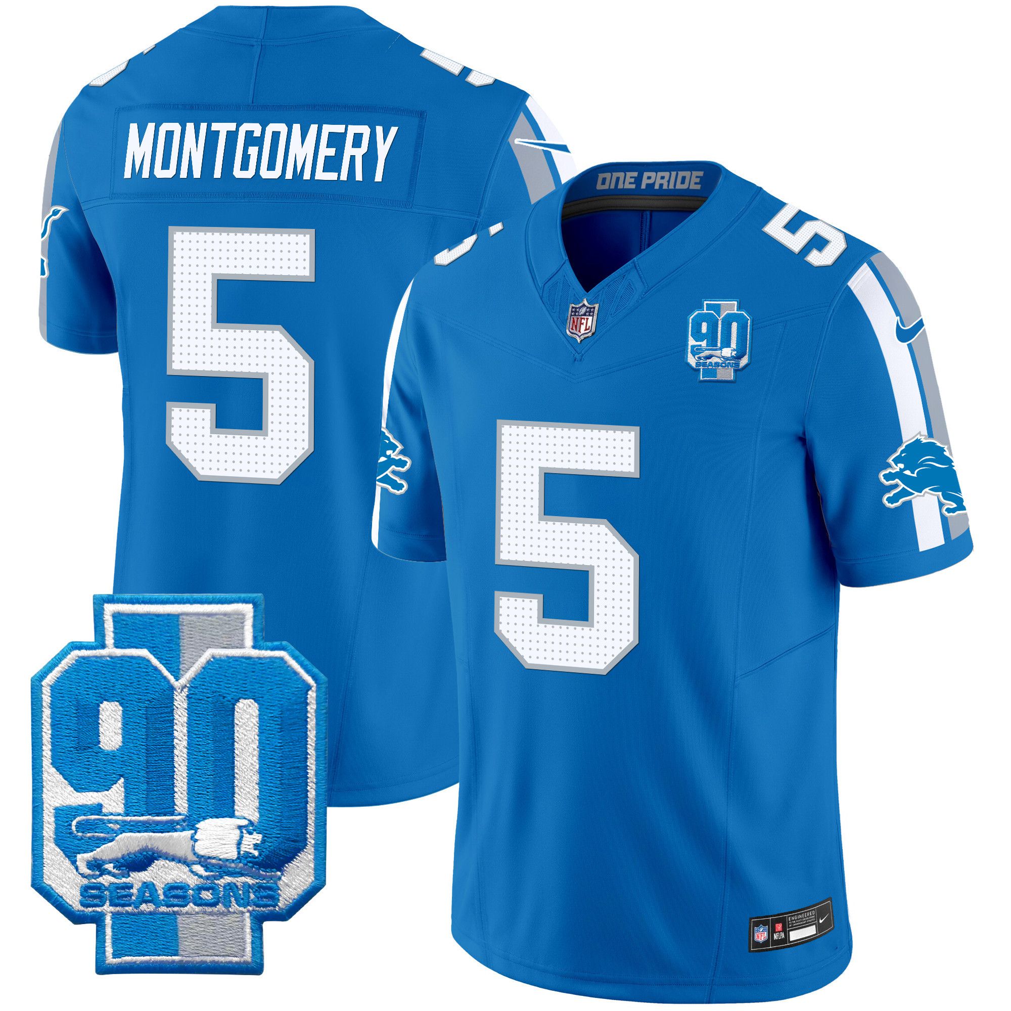 Men Detroit Lions #5 Montgomery Blue 2024 Nike 90th Year Patch Vapor Limited NFL Jersey